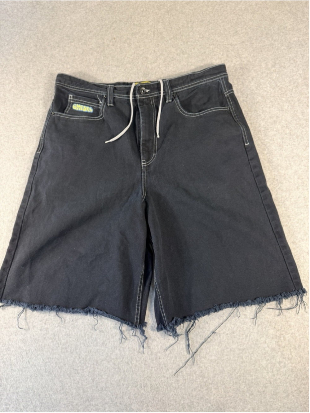 Empyre Men’s Black Denim Jorts Shorts Size 34 Embroidered Raw Hem Skater